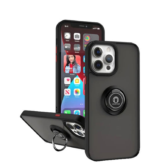 Husa Anti Fall Metal Bracket pentru Apple iPhone 14, Rezistenta la socuri, Margini colorate, Cu inel de prindere magnetic, Vivimall, Negru - vivimall.ro