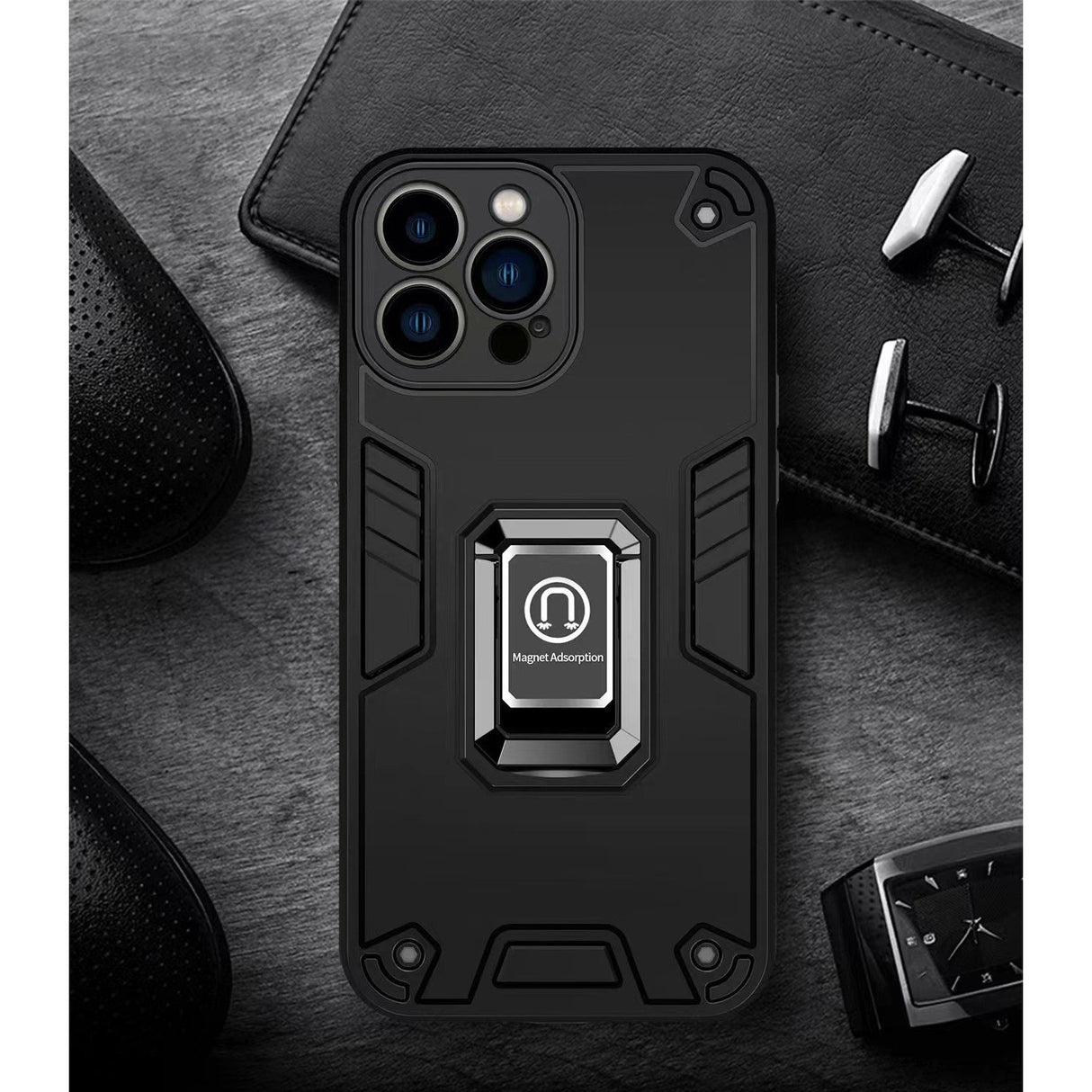 Husa Iron Warriors pentru iPhone 14 pro, Flippy,  Hybrid Ring Holder Kickstand, Negru - vivimall.ro