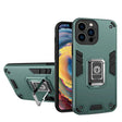 Husă hibridă iPhone 12 Iron Warriors verde închis cu inel rotativ și suport kickstand, vedere frontală