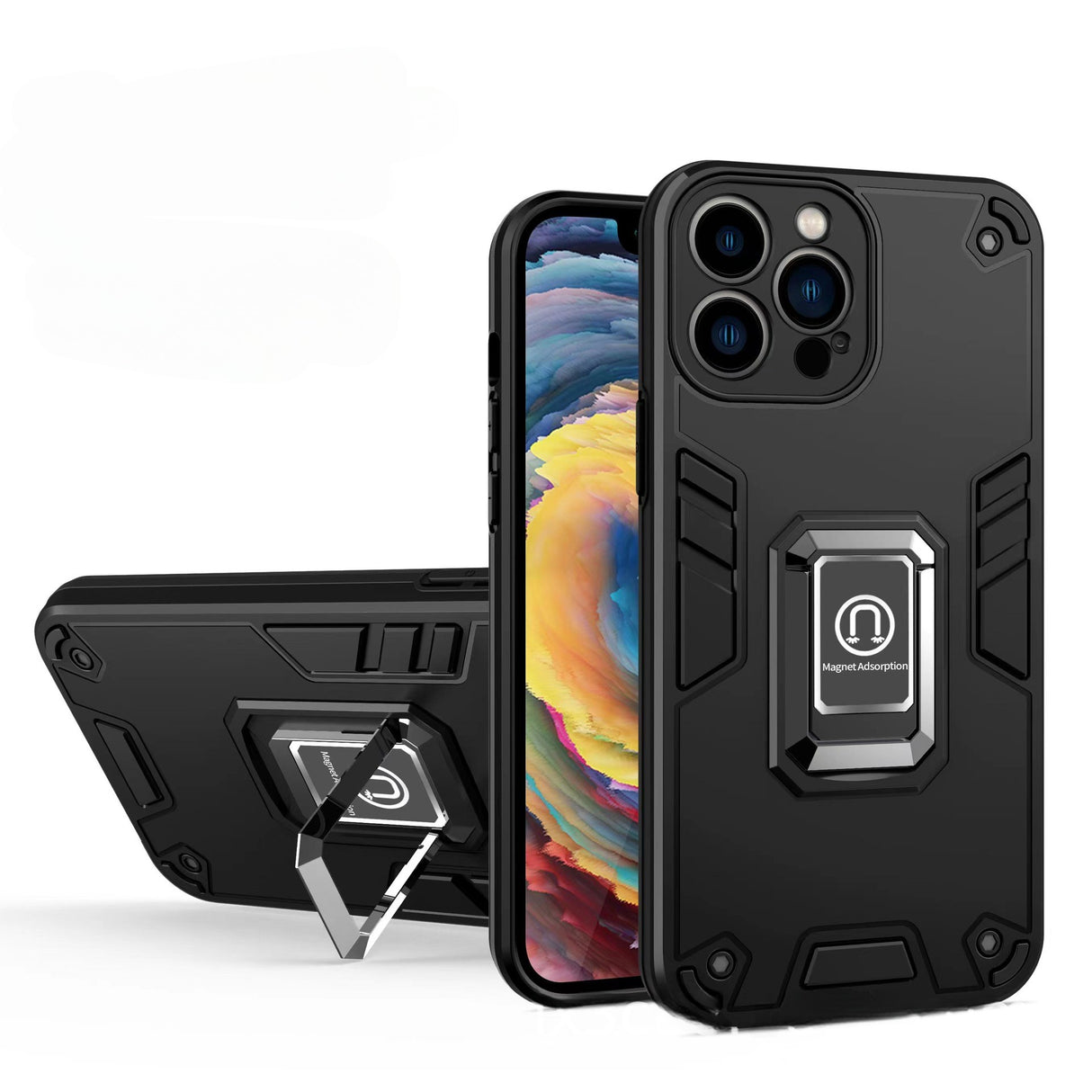 Husa Iron Warriors pentru iPhone 13, Flippy,  Hybrid Ring Holder Kickstand, Negru - vivimall.ro