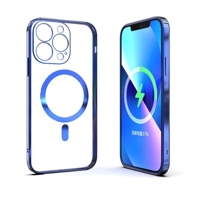 Husa MagSafe pentru Apple iPhone 13, Full Cover, Protectie camera, Margini colorate Electroplating, Magnetica, Incarcare Wireless, Flippy, Albastru - vivimall.ro