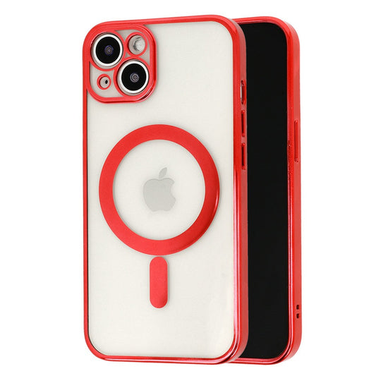 Husa MagSafe pentru Apple iPhone 14 Pro, Full Cover, Protectie camera, Margini colorate Electroplating, Magnetica, Incarcare Wireless, Vivimall, Rosu - vivimall.ro