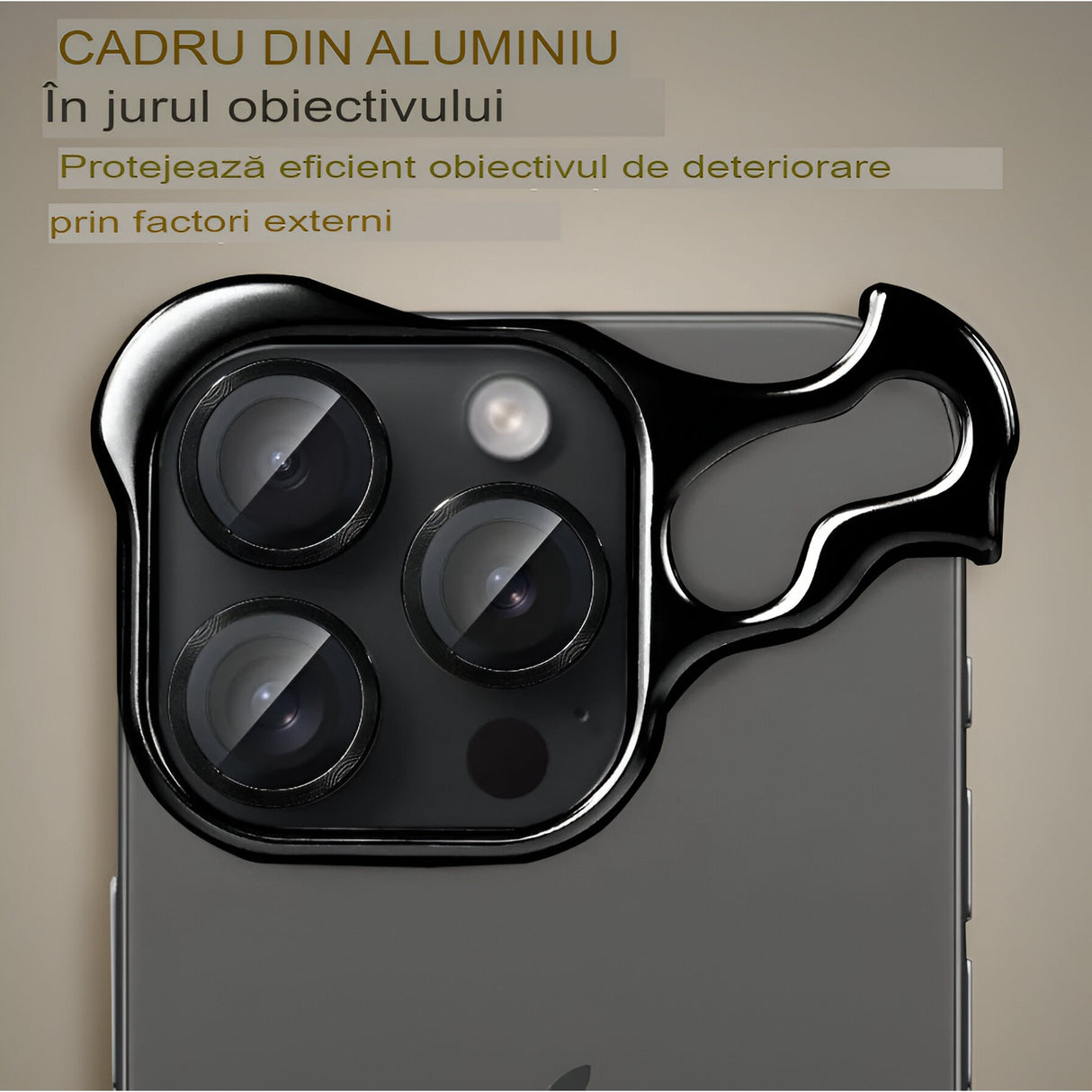 Protecție cameră iPhone 15 Pro Max din aliaj metalic negru, detaliu obiective foto