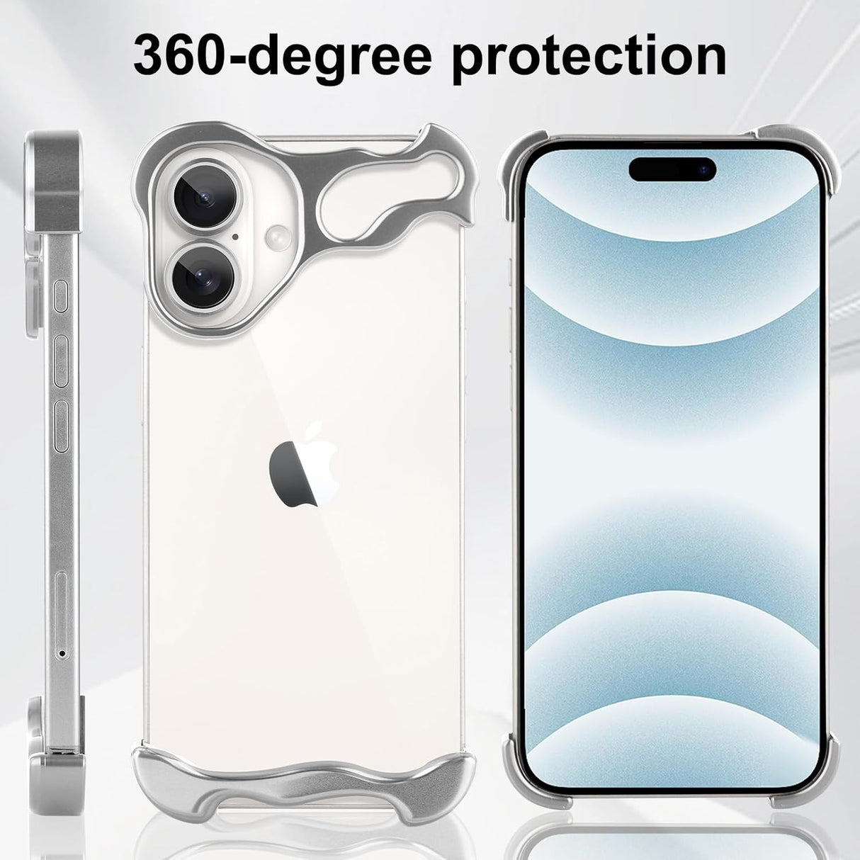 Capac metalic colț superior iPhone 16 din aliaj, antizgariere, vedere laterală detaliată