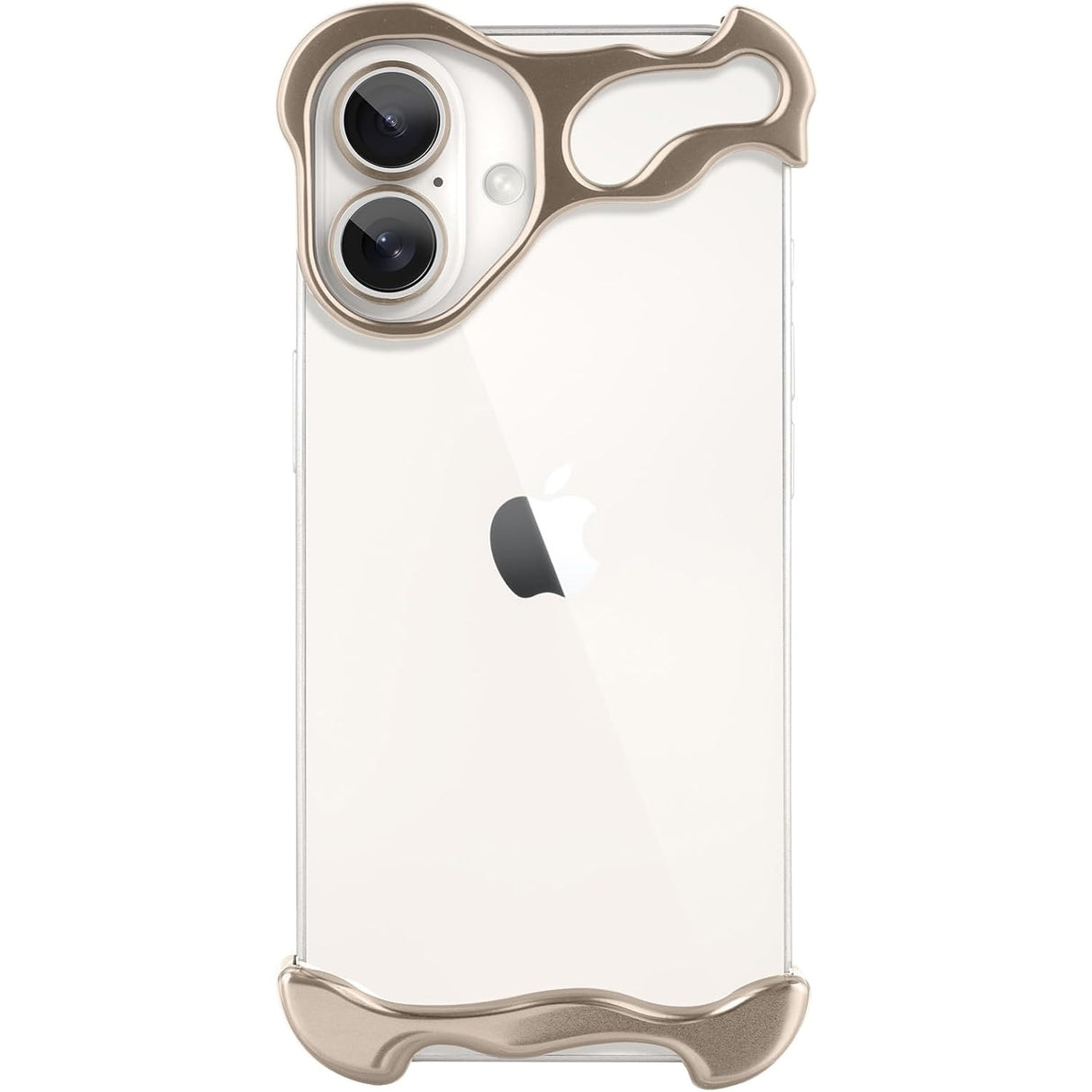 Husă metalică iPhone 16 Plus aurie cu protecție colțuri și cameră, vedere frontală set complet