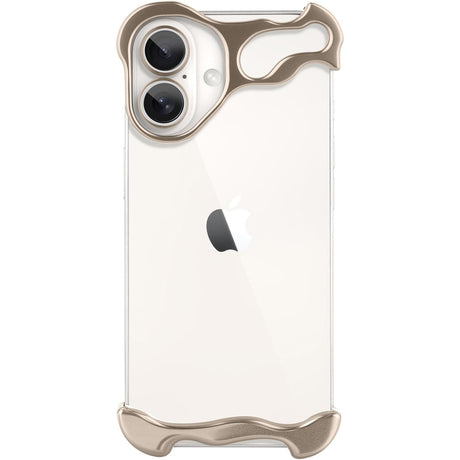 Husă metalică iPhone 16 Plus aurie cu protecție colțuri și cameră, vedere frontală set complet