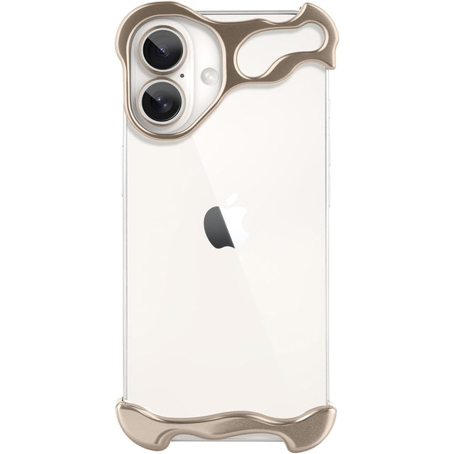 Husă metalică iPhone 16 Plus aurie cu protecție colțuri și cameră, vedere frontală set complet