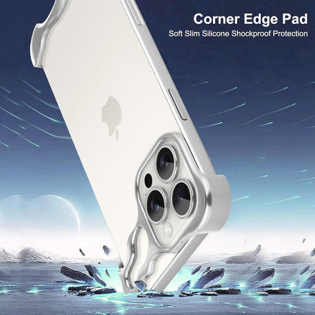 Capac metalic colț superior iPhone 16 Pro din aliaj antisoc, detaliu montaj, culoare argintiu