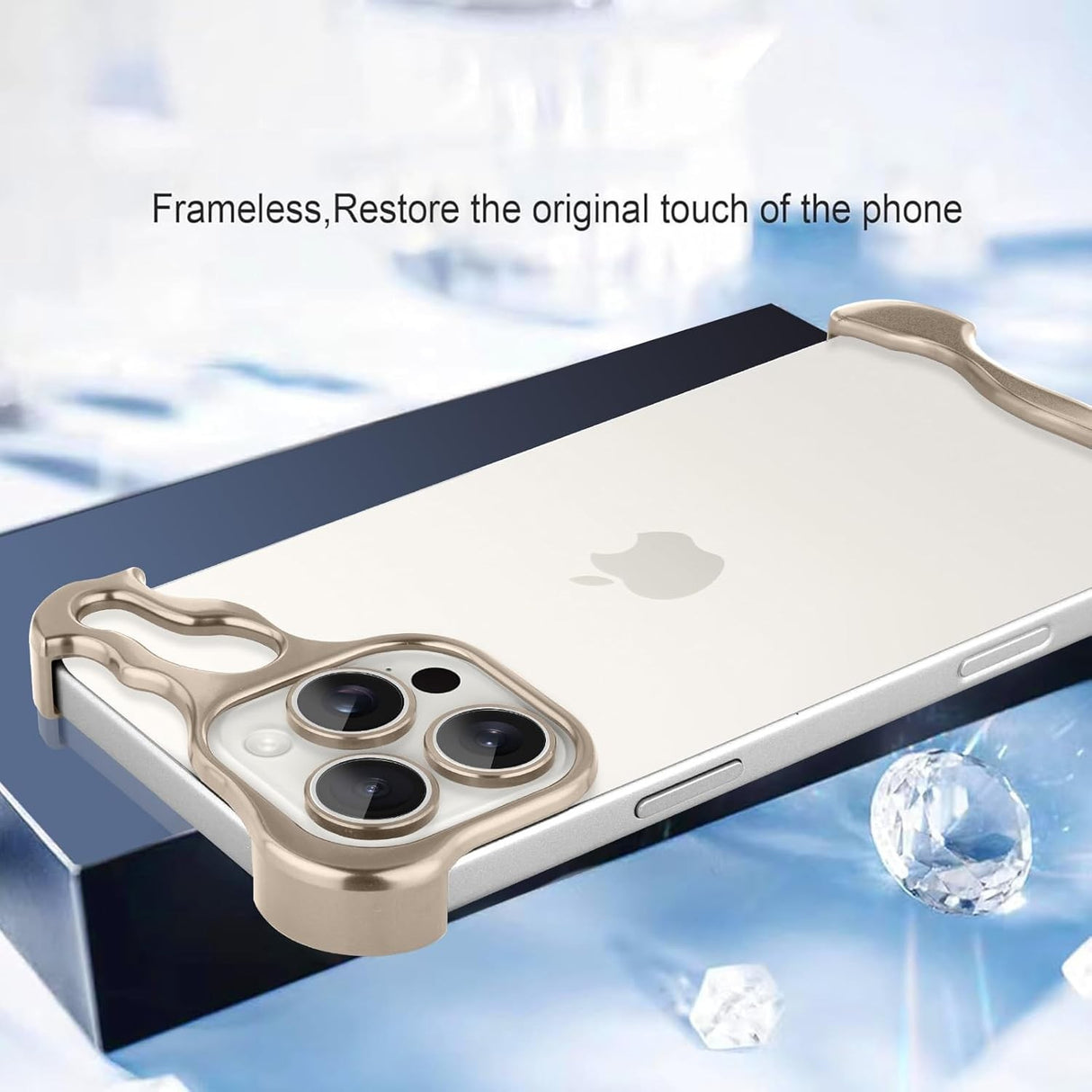 Detaliu capac metalic colț inferior iPhone 16 Pro, aliaj antizgariere auriu, montaj adeziv