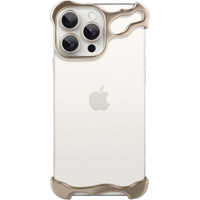 Husă metalică aurie pentru iPhone 16 Pro cu protecție colțuri și cameră, vedere frontală completă