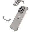 Husă metalică Edgeless pentru iPhone 15 în gri mat, vedere frontală cu protecție colțuri și cameră