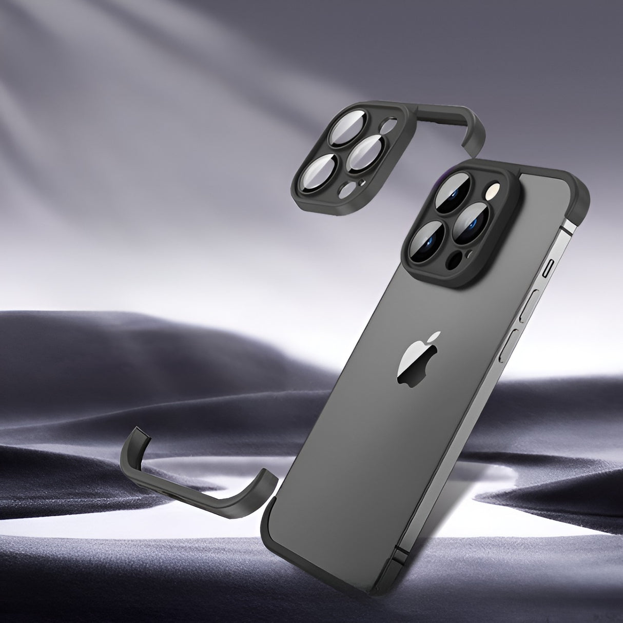 Capac protecție cameră iPhone 15 Pro din aliaj TPU, model Edgeless negru mat, detaliu obiectiv