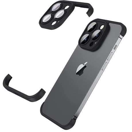 Husă metalică edgeless pentru iPhone 15 Pro în negru metalizat, vedere frontală completă a setului de trei piese