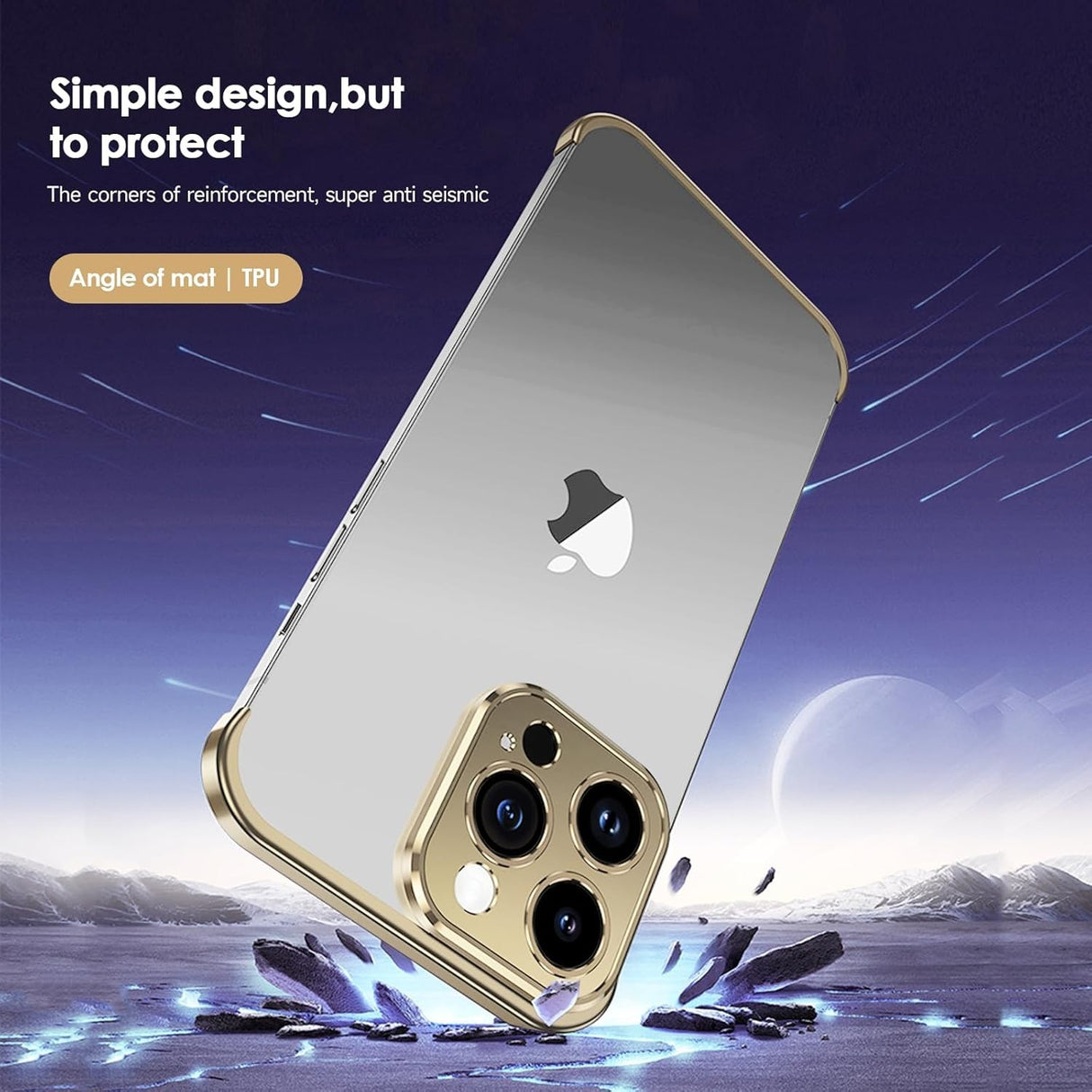 Set capace metalice aluminiu auriu iPhone 16, colț superior și inferior montate pe telefon