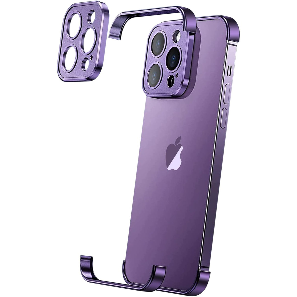 Husă metalică edgeless mov pentru iPhone 16, protecție colțuri și cameră, aliaj aluminiu — vedere frontală