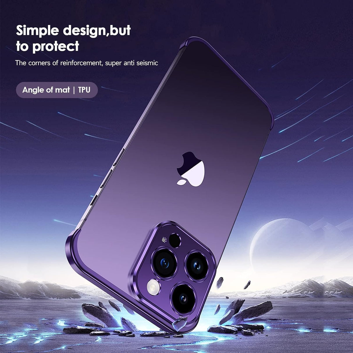 Husă metalică Edgeless iPhone 16 Plus aplicată pe telefon, vedere spate, aliaj aluminiu mov