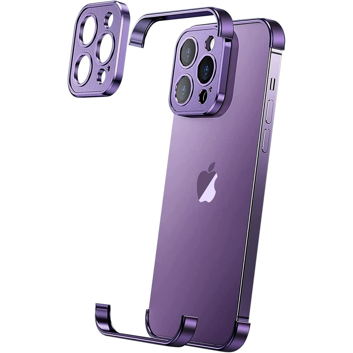 Husă metalică Edgeless pentru iPhone 16 Plus, aliaj aluminiu, culoare mov, vedere frontală