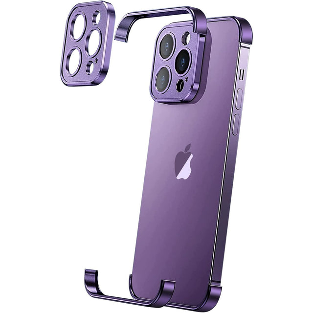 Husă metalică Edgeless pentru iPhone 16 Plus, aliaj aluminiu, culoare mov, vedere frontală