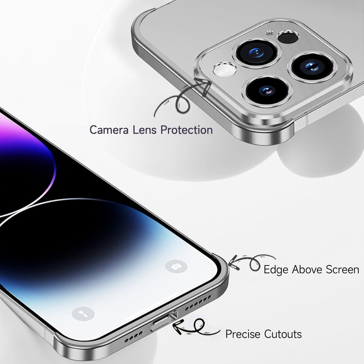 Husă metalică edgeless iPhone 16 Pro montată pe dispozitiv, profil lateral Argintiu Titan