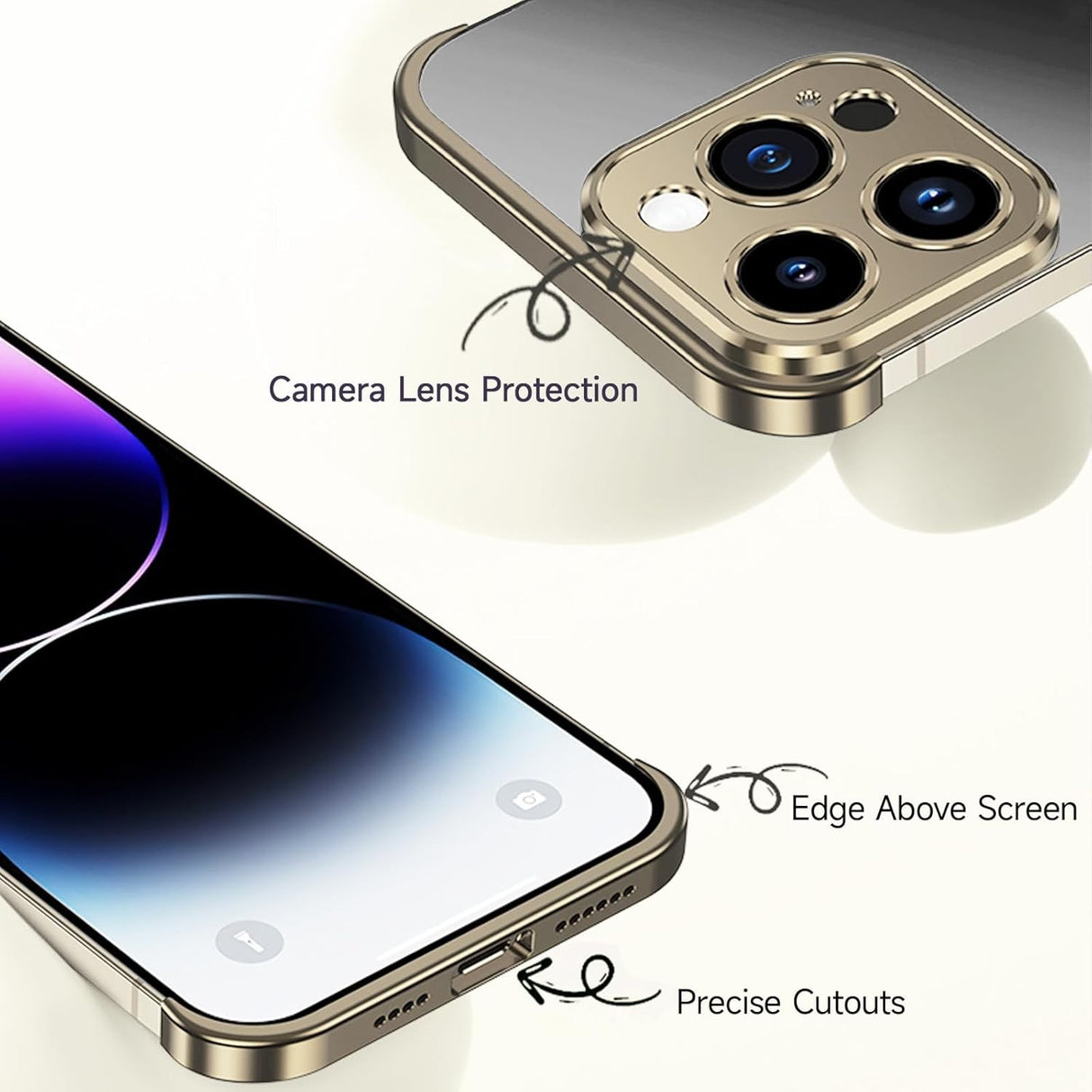 Husă metalică Edgeless iPhone 16 Pro Max montată, vedere spate, nuanță aurie