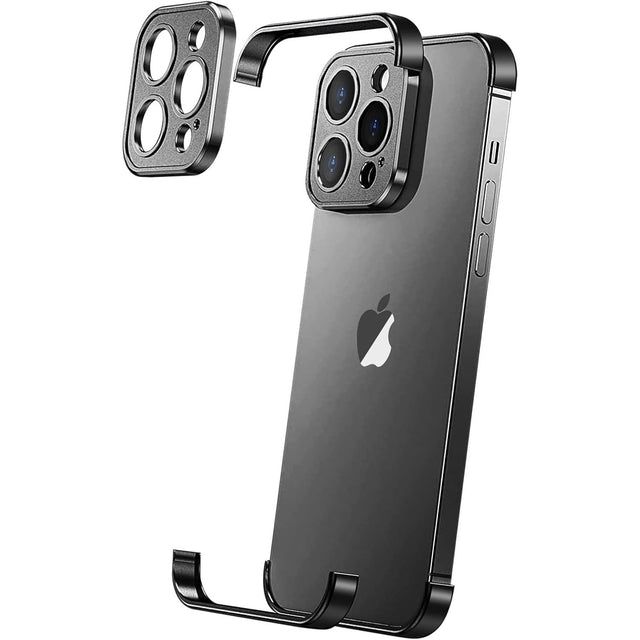 Husă metalică edgeless iPhone 16 Pro Max din aliaj aluminiu, set 3 piese negru, vedere frontală