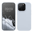 Husă iPhone 14 Liquid Silicone gri, vedere frontală, protecție antisoc și margini ridicate pentru ecran