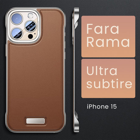 Detaliu husă iPhone 15 piele PU maro, profil subțire, decupaje precise pentru butoane și cameră