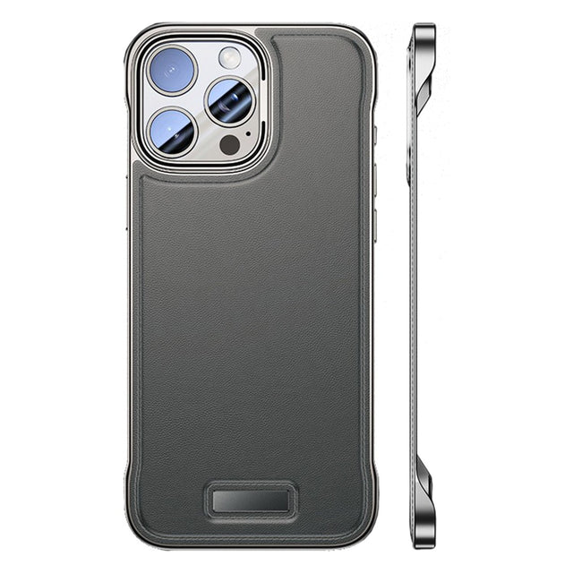 Husă iPhone 15 din piele PU gri, design modern fără margini, vedere frontală a produsului