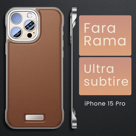 Husă de protecție iPhone 15 Pro piele PU maro, detaliu decupaje butoane și cameră