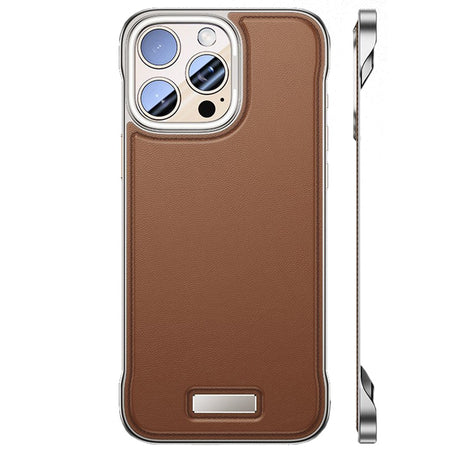Husă iPhone 15 Pro din piele PU maro, design slim fără margini, vedere frontală