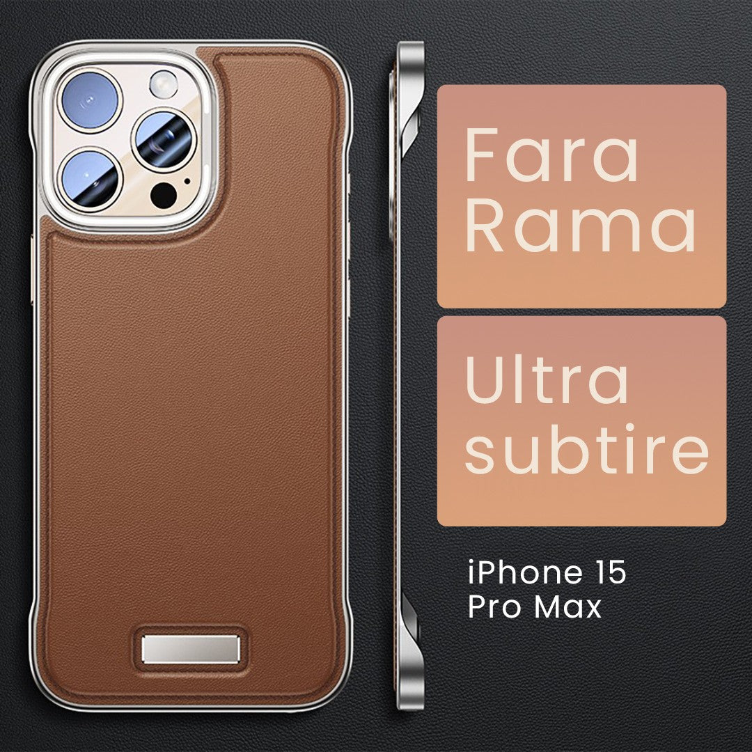 Husă protecție iPhone 15 Pro Max piele PU maro, detaliu lateral cu decupaje precise pentru butoane