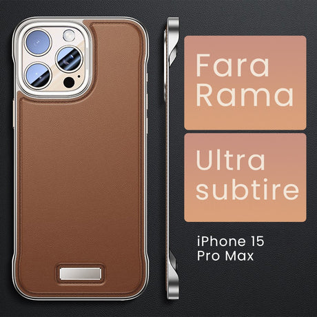 Husă protecție iPhone 15 Pro Max piele PU maro, detaliu lateral cu decupaje precise pentru butoane
