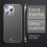 Husă de protecție iPhone 15 Pro Max gri din piele PU, detaliu lateral cu decupaje precise pentru butoane