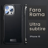 Detaliu husă iPhone 16 neagră din piele PU, decupaje precise pentru cameră și butoane laterale