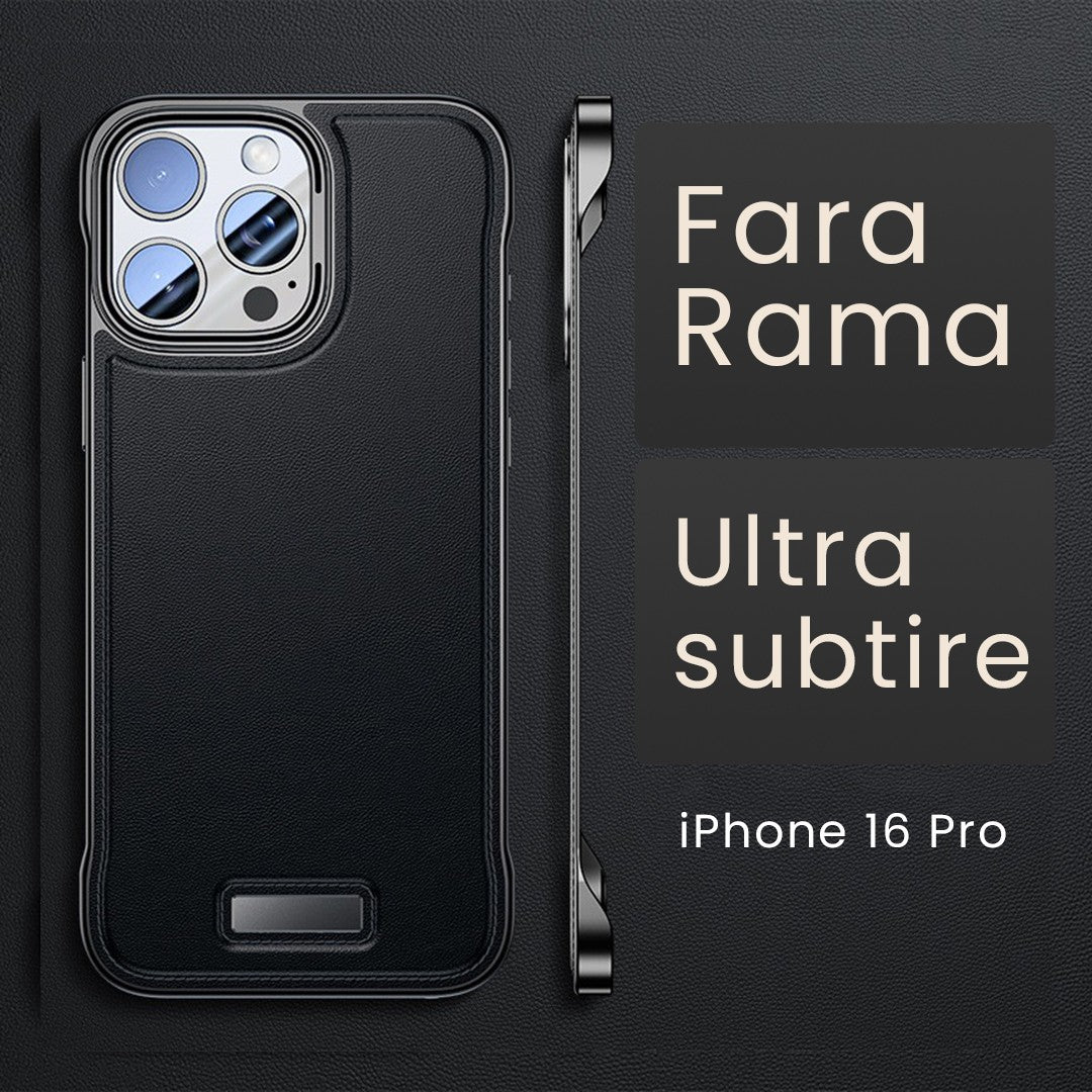 Detaliu husă subțire iPhone 16 Pro din piele PU neagră, decupaje precise pentru butoane și cameră