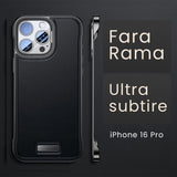 Detaliu husă subțire iPhone 16 Pro din piele PU neagră, decupaje precise pentru butoane și cameră