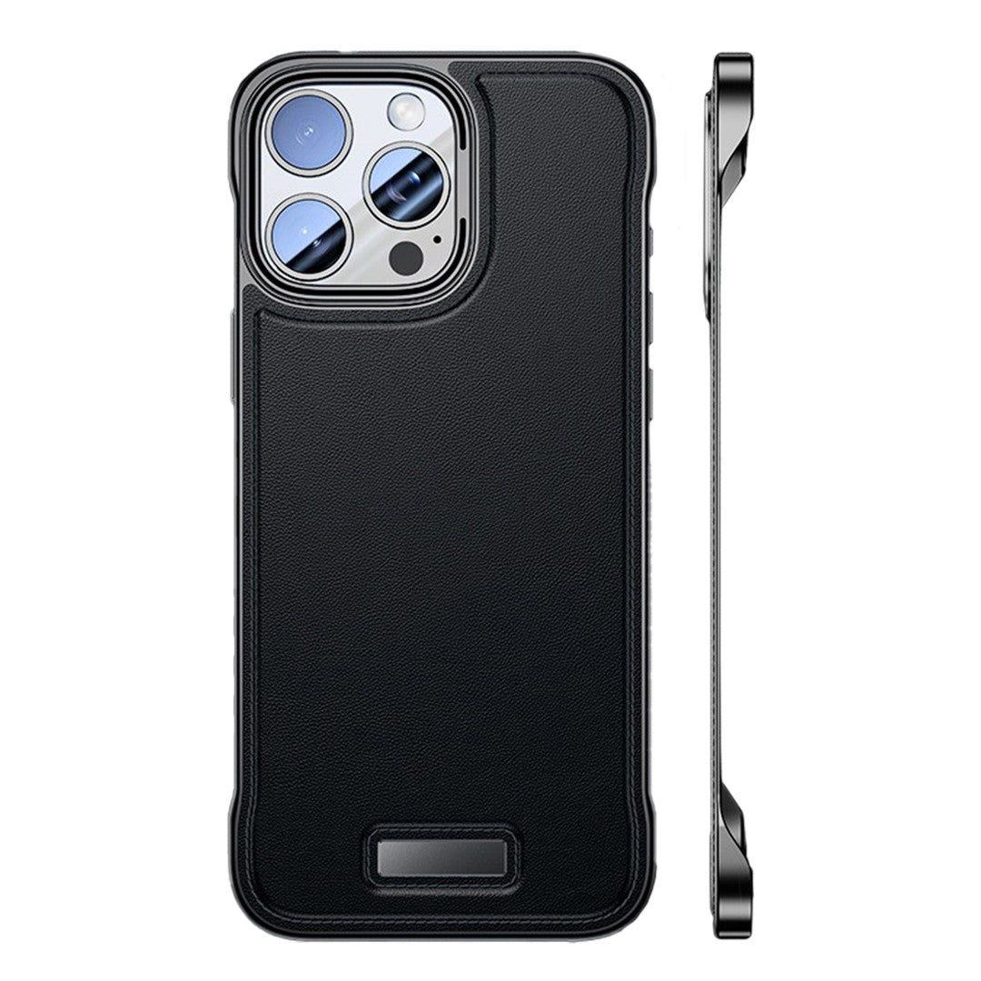 Husă iPhone 16 Pro din piele PU neagră, design modern fără margini, vedere frontală și spate