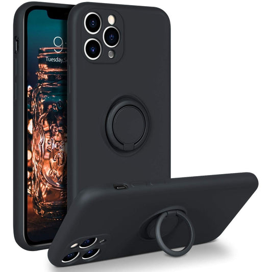 Husa protectie Vivimall compatibila cu Apple iPhone 11 Pro Liquid Silicone Ring cu suport rotativ Negru - vivimall.ro