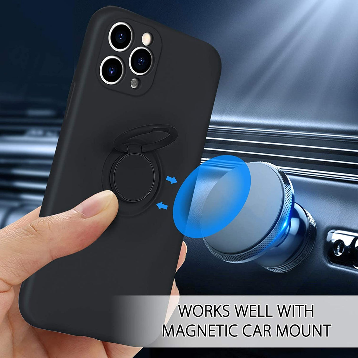 Husa protectie Flippy compatibila cu Apple iPhone 11 Pro Max Liquid Silicone Ring cu suport rotativ Negru - vivimall.ro