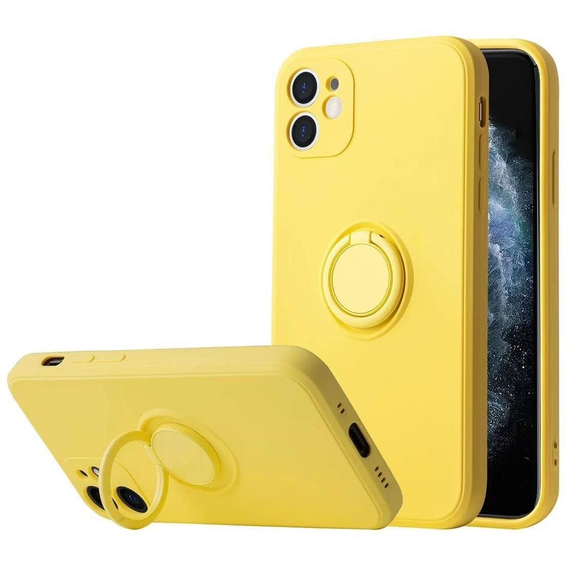 Husa protectie Flippy compatibila cu Apple iPhone 12 Liquid Silicone Ring cu suport rotativ Galben - vivimall.ro