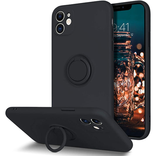 Husa protectie Vivimall compatibila cu Apple iPhone 12 Liquid Silicone Ring cu suport rotativ Negru - vivimall.ro