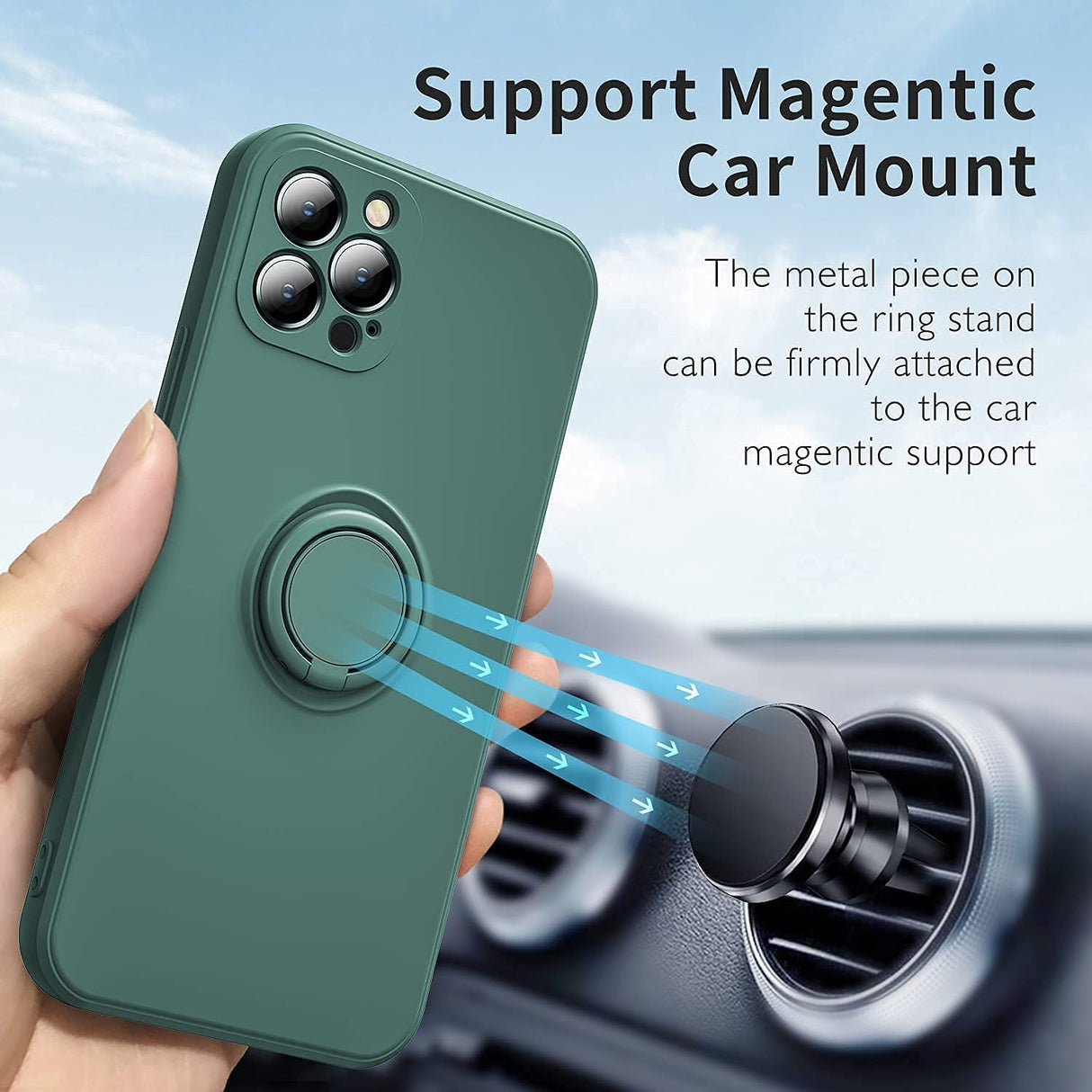 Husa protectie Flippy compatibila cu Apple iPhone 12 Pro Max Liquid Silicone Ring cu suport rotativ Verde - vivimall.ro