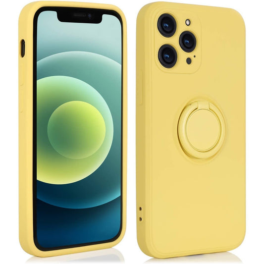 Husa protectie Vivimall compatibila cu Apple iPhone 13 Mini Liquid Silicone Ring cu suport rotativ Galben - vivimall.ro