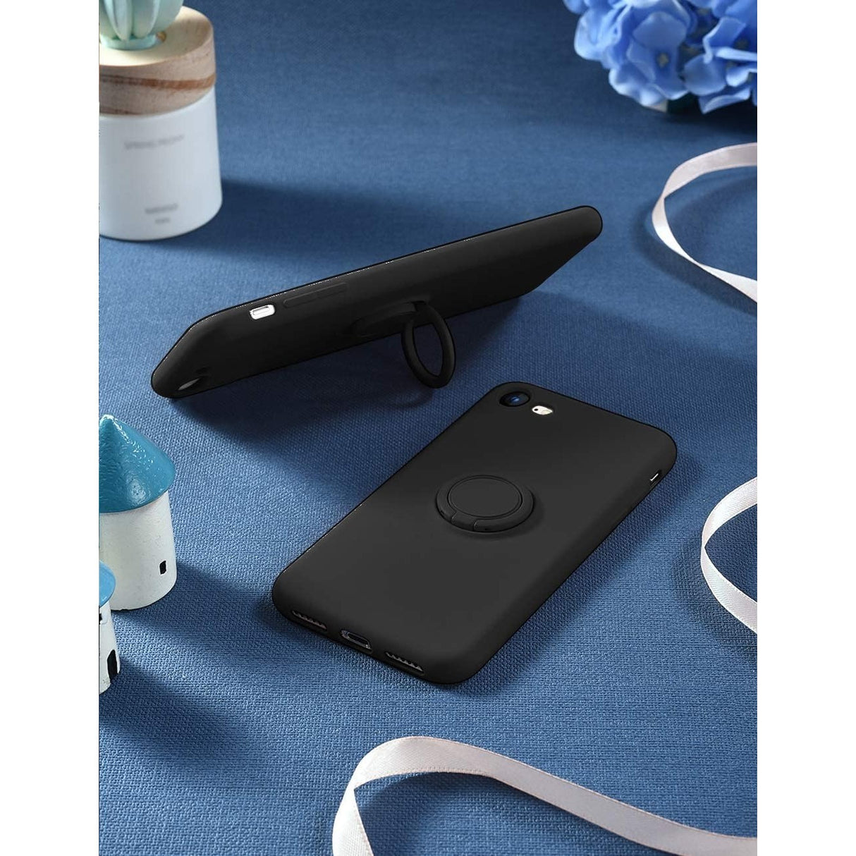 Husa protectie Flippy compatibila cu Apple iPhone 7/8/SE 2020 Liquid Silicone Ring cu suport rotativ Negru - vivimall.ro