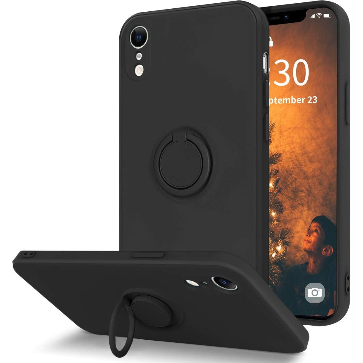 Husa protectie Flippy compatibila cu Apple iPhone XR Liquid Silicone Ring cu suport rotativ Negru - vivimall.ro