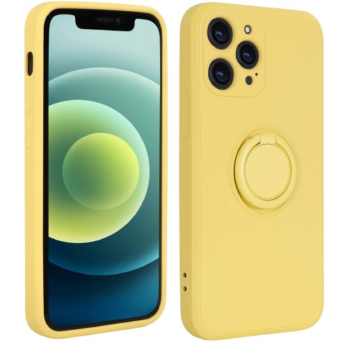 Husa protectie Vivimall compatibila cu Huawei P40 Lite E Liquid Silicone Ring cu suport rotativ Galben - vivimall.ro
