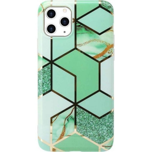 Husa protectie Vivimall compatibila cu Samsung Galaxy A12 Soft IMD TPU Marble Geometric Verde - vivimall.ro
