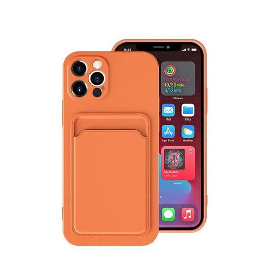 Husa protectie Vivimall cu suport card compatibila cu Apple iPhone 12 Pro Portocaliu - vivimall.ro
