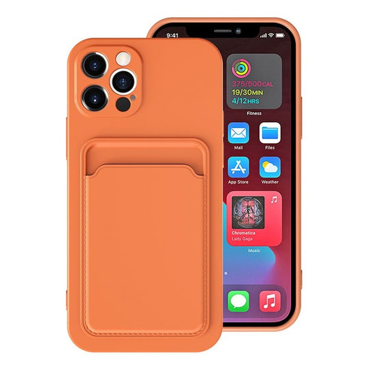 Husa protectie Vivimall cu suport card compatibila cu Apple iPhone 13 Mini Portocaliu - vivimall.ro