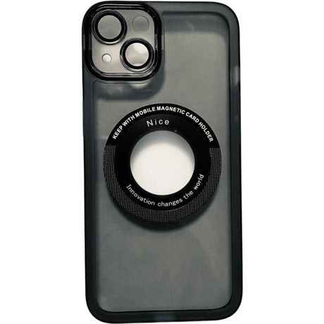Husă iPhone 14 Plus magnetică neagră cu decupaj logo Apple, vedere frontală cu capacul închis